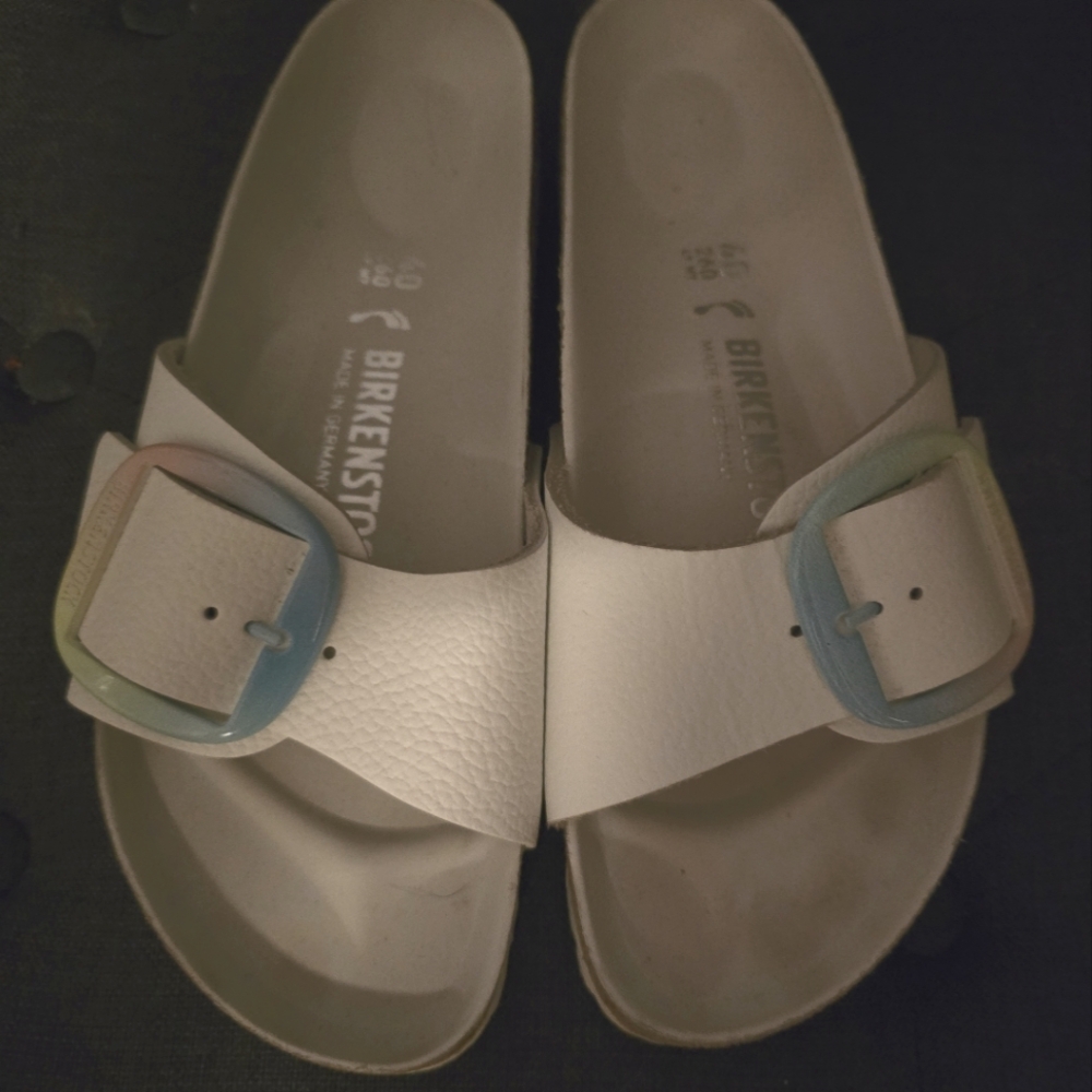 Birkenstock Big Buckle White Sandals with Multicolor Buckles. Lightly Worn.